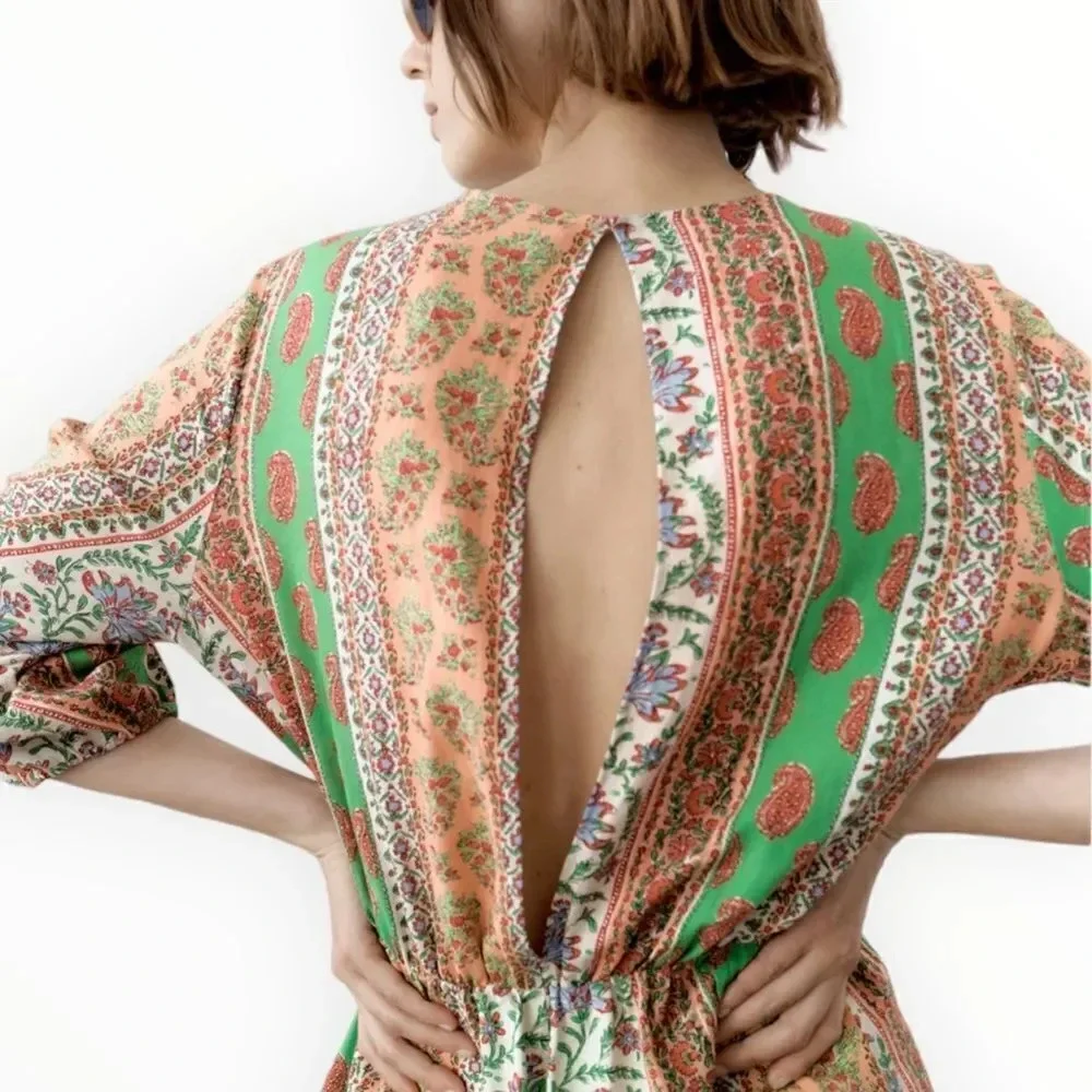 Zara Multicolor Printed Linen Blend Romper Size L Boho V-Neck Tie Front NWT